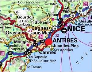 Mappa di Antibes e della sua regione